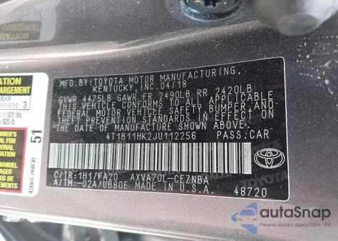 2018 Toyota Camry Le from USA, damaged, VIN 4T1B11HK2JU112256